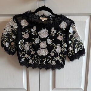 Floral Embroidered Black Lace Crop Top - Size Small